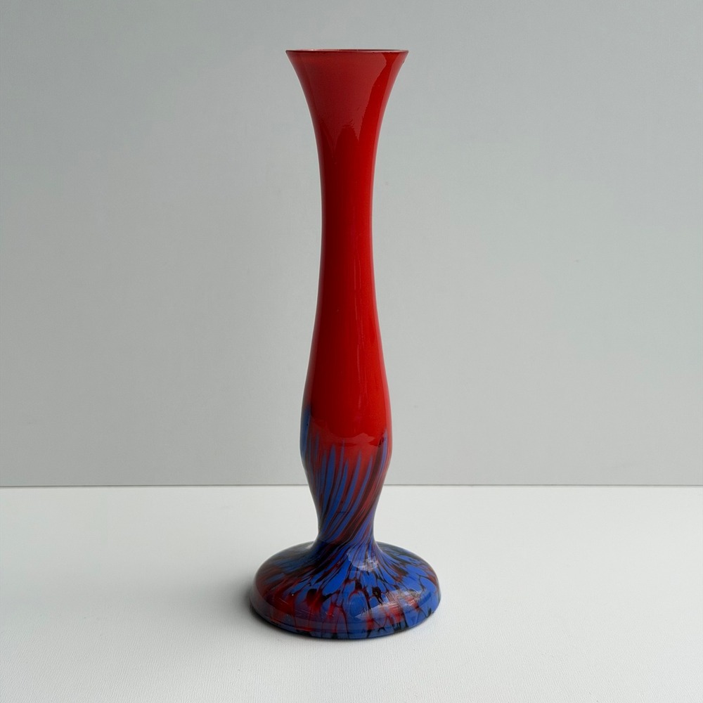 Vintage Hand Blown Glass Bud Vase Red Blue Splatter Swirl Mid Century Retro